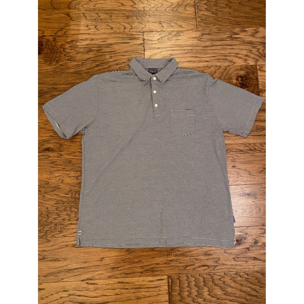 Patagonia Mens XL Organic Cotton Polo Shirt Black White Stripe Short Sleeve
